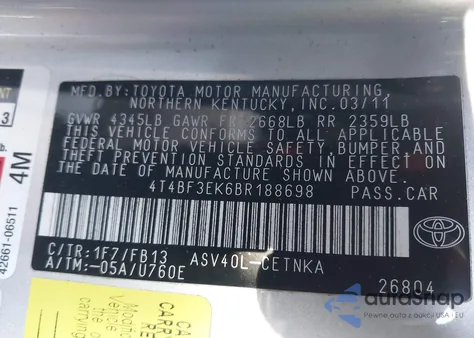 2011 Toyota Camry Le from USA, damaged, VIN 4T4BF3EK6BR188698